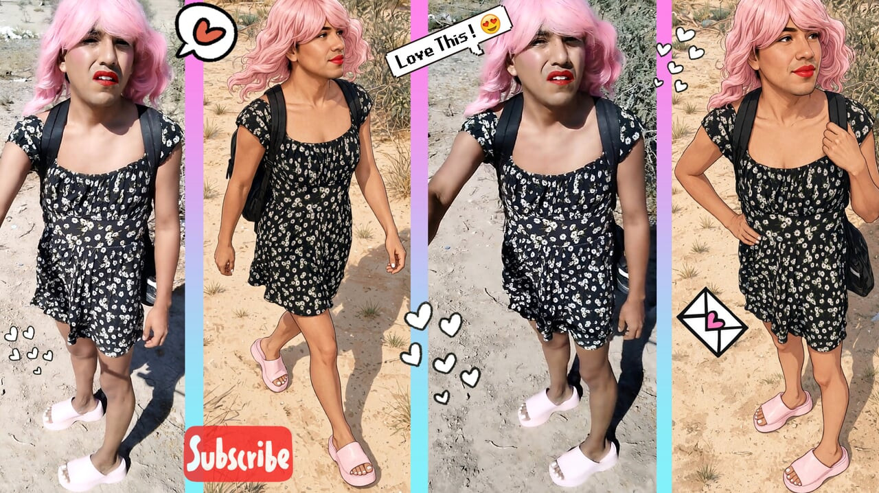 Liten ladyboy-femboy i minikjole og sandaler går ute i offentligheten, veldig het