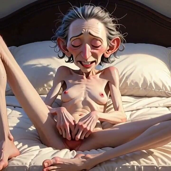 Extremely Skinny Old Woman Masturbates Her Tight Pussy with Her Fingers