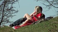 A sexy blonde lady enjoy pleasing her mans cock outdoors