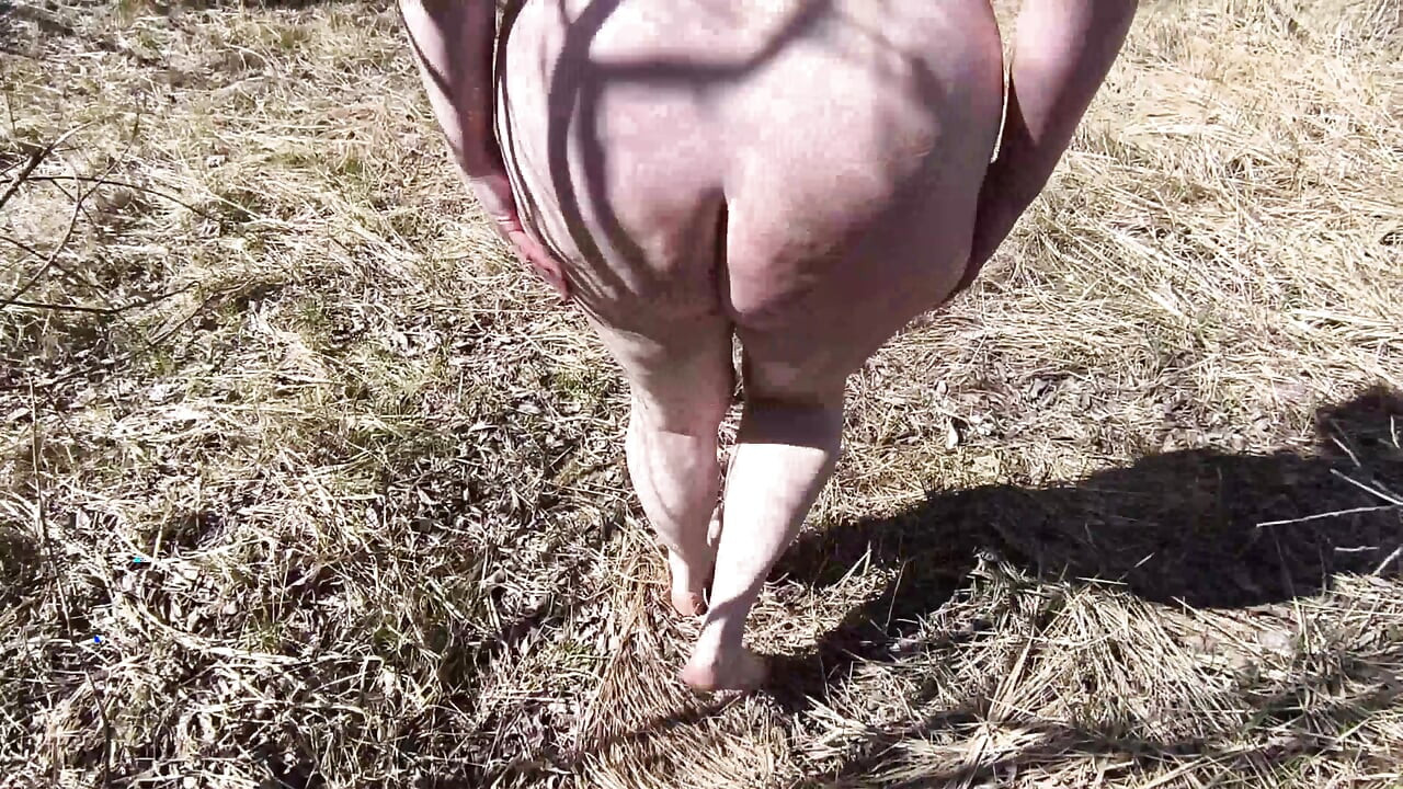 Completely naked banging her breasts