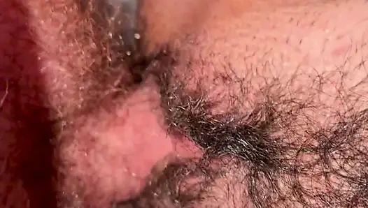 Horny cock rubbing and fucking my big hairy pussy with pissing and cumshot