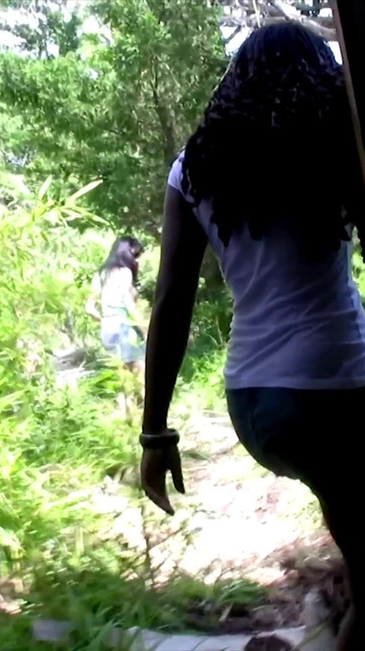 Curly hair ebony babe gets her pussy screwed by white guy in the woods