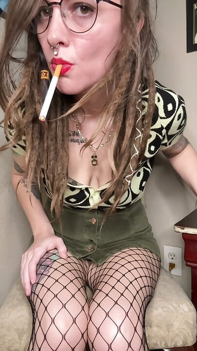 Smoking Masturbation in a Skirt and Fishnets