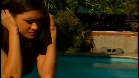 Retro-lesben, muschilecken, dildo penetriert ins schwimmbad