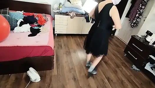 Amateur Woman Has Fun Trying on Clothes and Cutting Them.