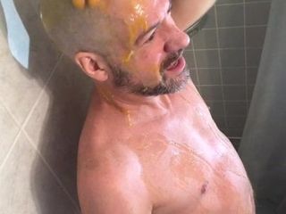 Eggs cracked on bald head for a Naked messy wank