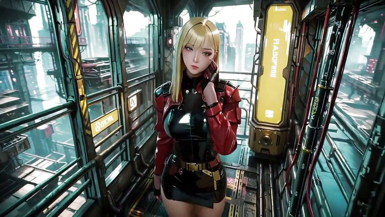 Red Leather Jacket Glistening Under Neon Rain, Kneeling Pose That Breaks the Armor