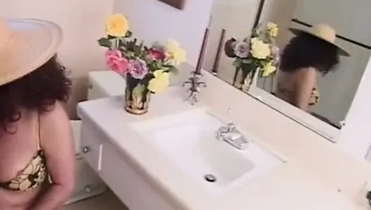 Stockinged gilf rubs her hairy cunt