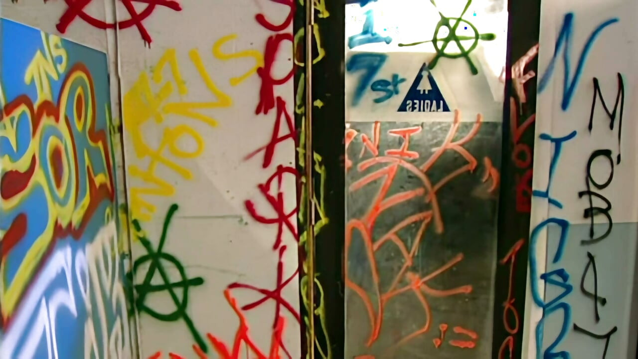 Schoolgirl Dildo Fucked Deep In Graffiti Bathroom