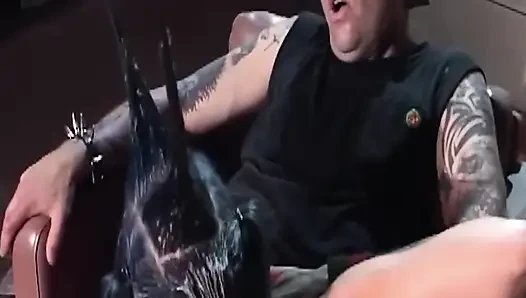 Blue Haired MILF Gags Hard on Handcuffed Stud's Cock