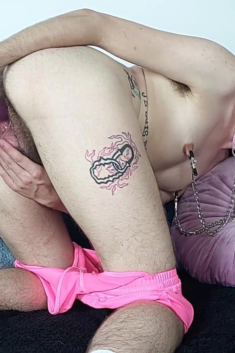 Ftm Wears Nipple Clamps and Fucks Himself with 8 Inch Dildo