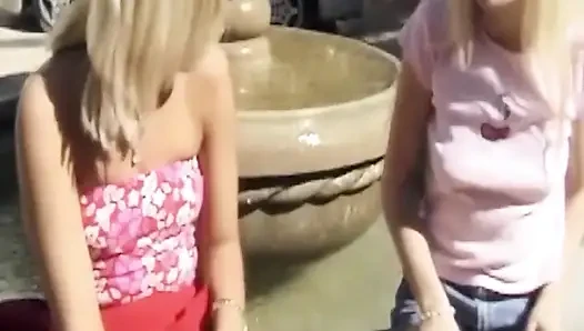 Blonde MILFs Licking Wet Pussies by the Fountain