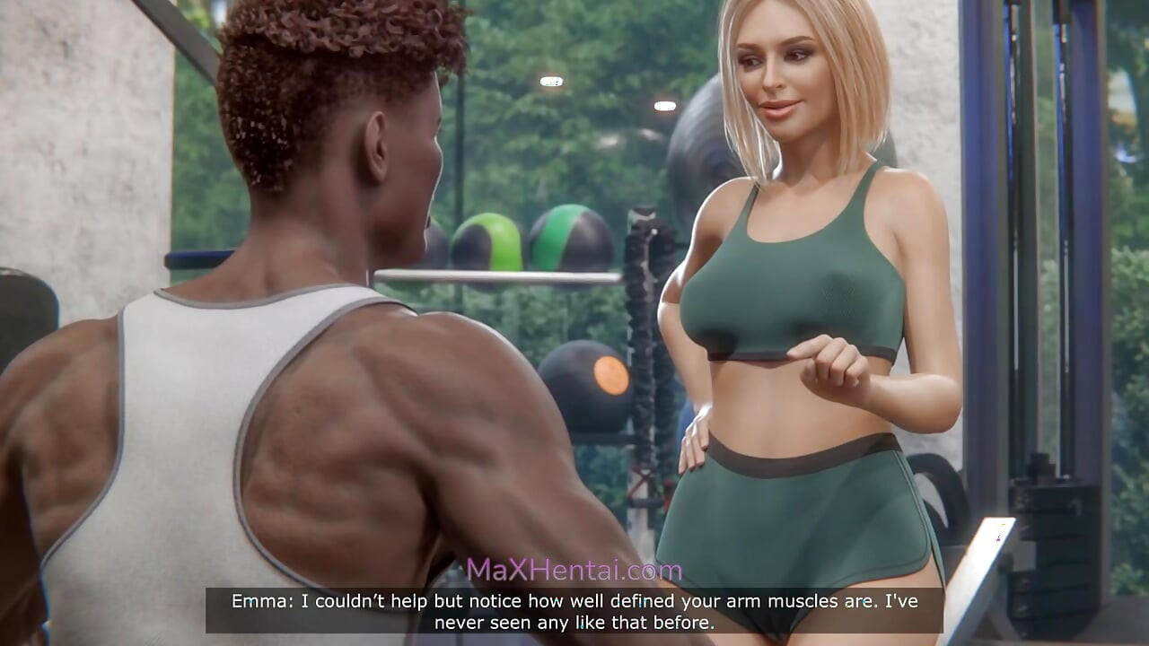 Getrouwde vreemdgaande vrouw in de sportschool met gespierde grote zwarte lul-trainer (3D-animatie)