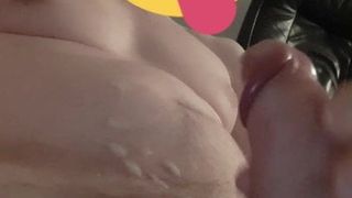 Spurting cum onto my strong body with my thick curved cock