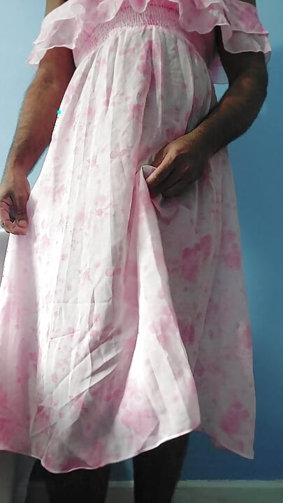 It feels so horny to masterbate wearing a silk seethrough fleard chiffon flowers frock