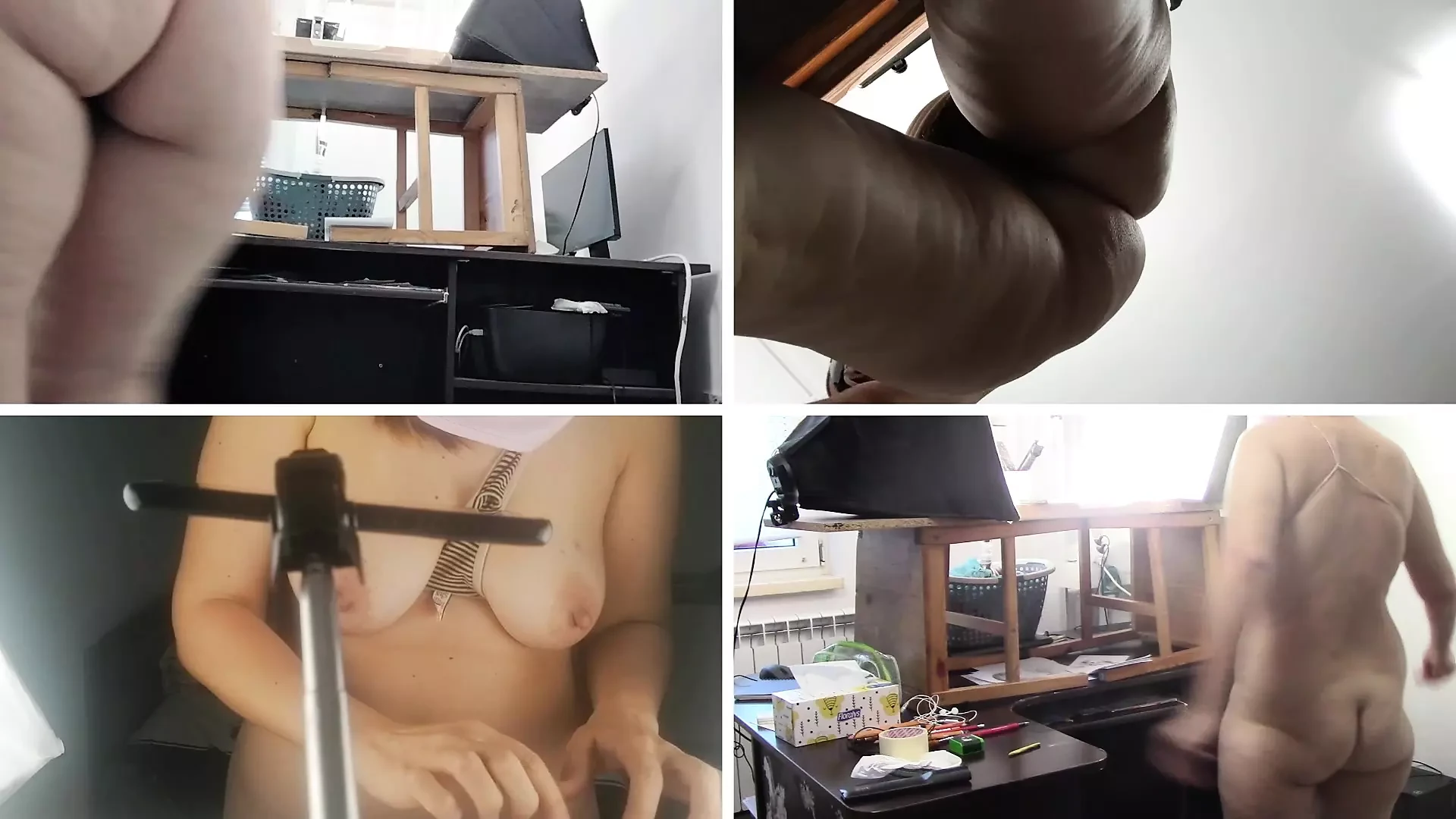 Sexy wife does housework naked. Brunette hairy pussy, big ass, big tits. Sexy mom massages herself on vibrator.