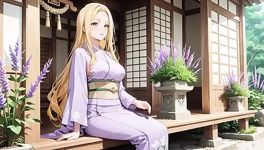 Blonde in Lavender! Kneeling Barefoot Under the Red Torii Gate, Her Andouf Fluttering in the Breeze