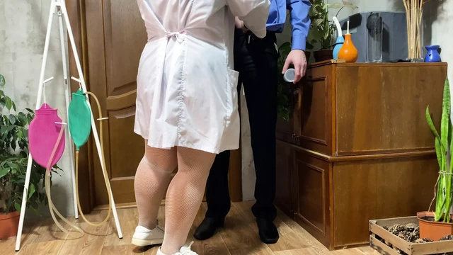 Female doctor with natural breasts jerked off a big cock and got cum analysis