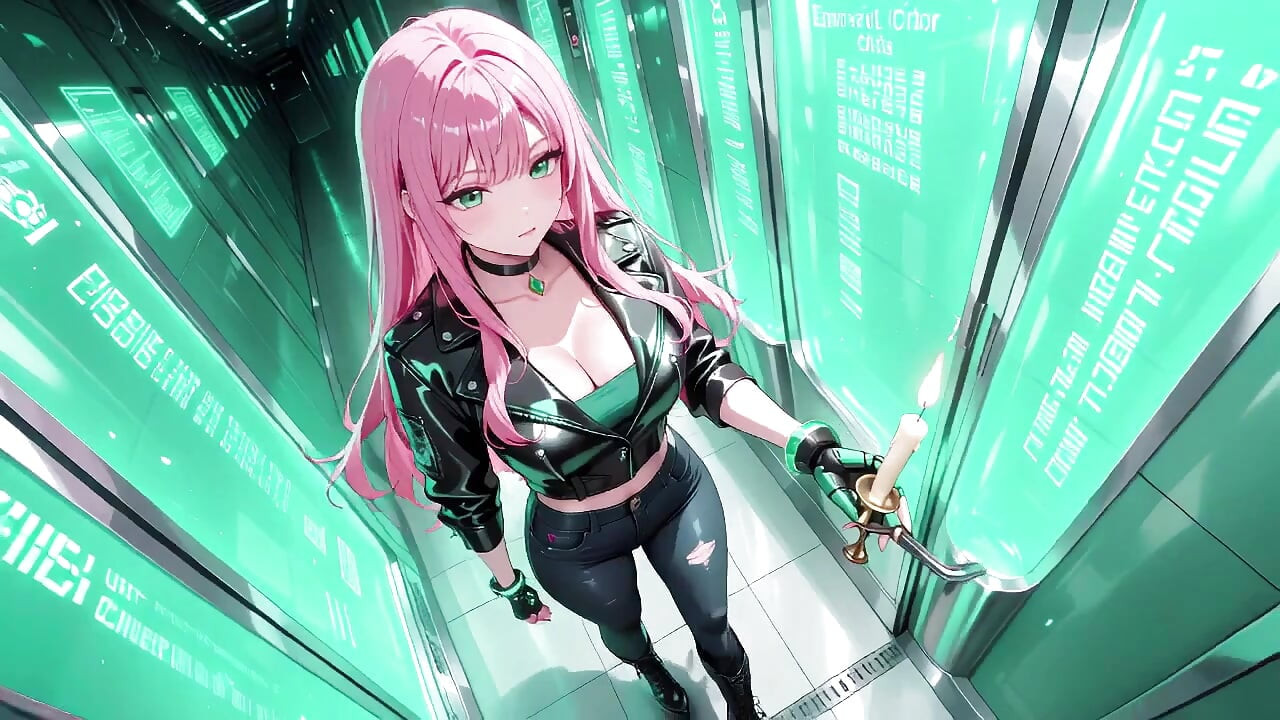 Pink-Haired Leather Tech! Private vibes in a neon-lit cyber corridor.