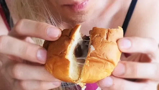 Choco bun filled with... semen! Cum on food fetish
