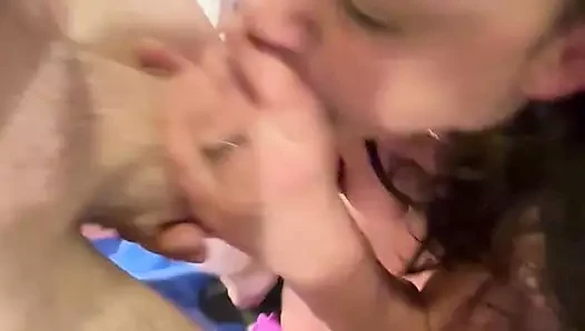 Wife takes a load in her face  while hubby films