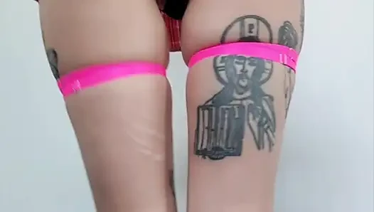 Tattooed Redhead Teases Under Pink Plaid Skirt