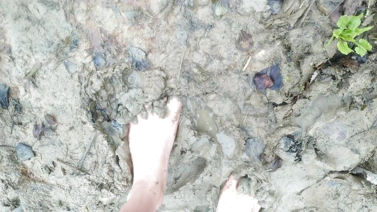 Stepping in Mud Barefoot - Dirty Feet and Jerk off and Stepping on Own Cum at the End