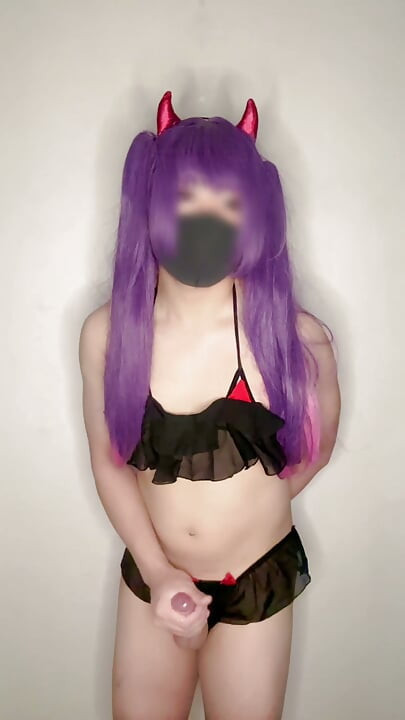 devil femboy cosplay faps and cums on halloween