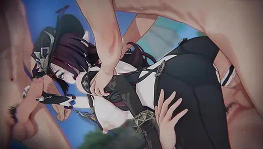 =Genshin etkisi= Chasca'nın "fallen peacemaker": bağlı gökyüzü binicisi ve bakış açısı sandviç dp (4k)