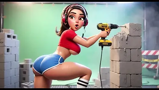 Kurviges Builder-schätzchen strippt und posiert verführerisch mit Drill in Studio Session (AI generiert)