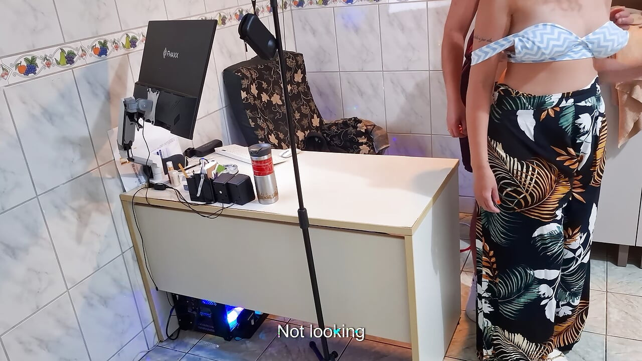 Female boss orders employee to take off his clothes and sucks his ass.