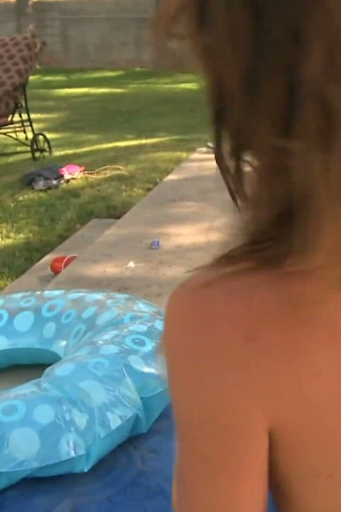 Poolside threesome fun with summer crowd