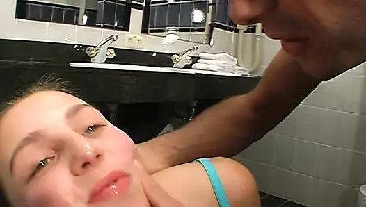 Skinny Brunette Teen Gets Rough Bathroom Fuck and Facial