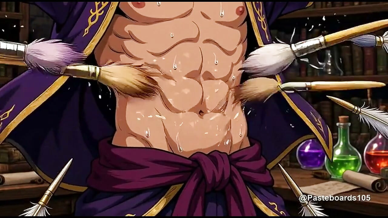 Bound In The Wizard's Study - Enchanted Paintbrushes On His Ribs And Belly (2D Anime)