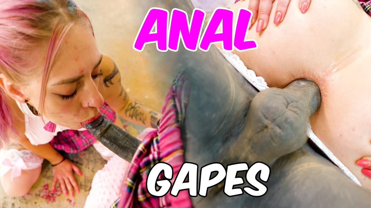Schoolgirl tranny fucks classmate with tattooed dick! ANAL gapes, Cum covered ass