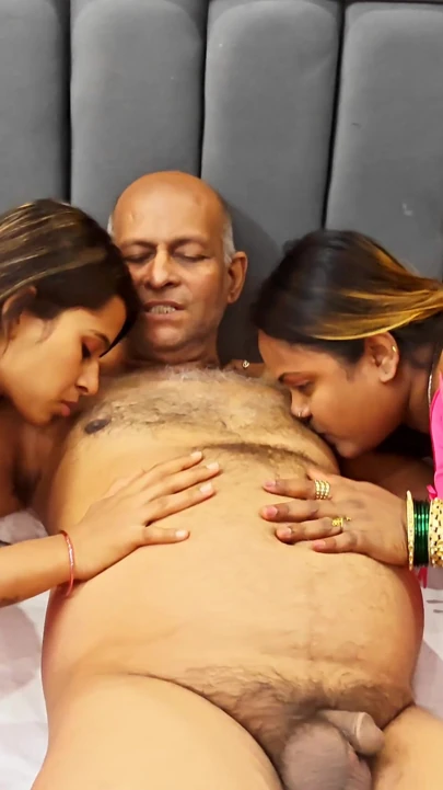 Indian husband caught having sex and licking pussy with his two wives in hotel desi hindi threesome  video | Clip 1