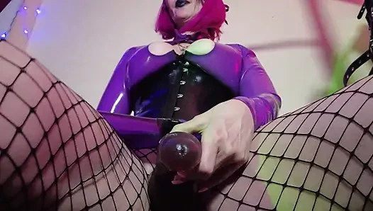 Fetiş kauçuk dominatrix eva lateks mor elbise maskesi büyük götlü orta yaşlı seksi kadın oyuncakları bdsm kadın egemenliği solo ateşli