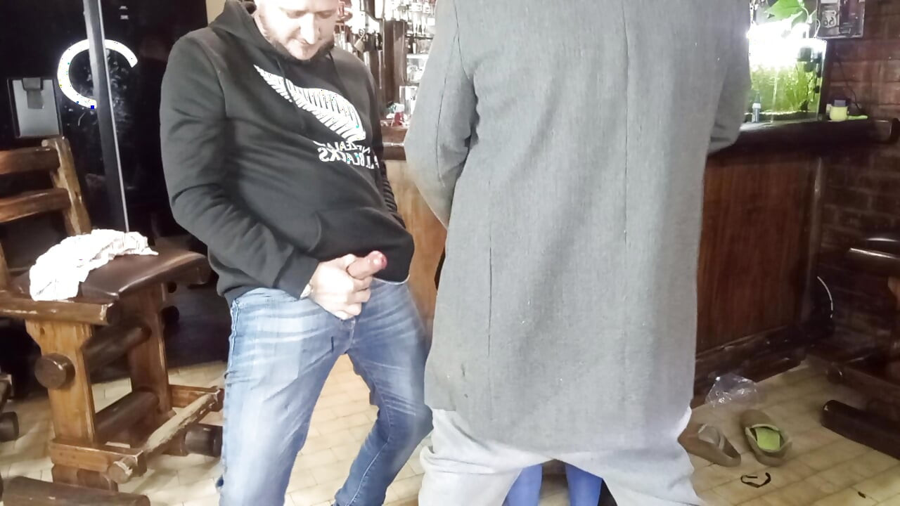 Good looking hotty  having fun two guys in the bar