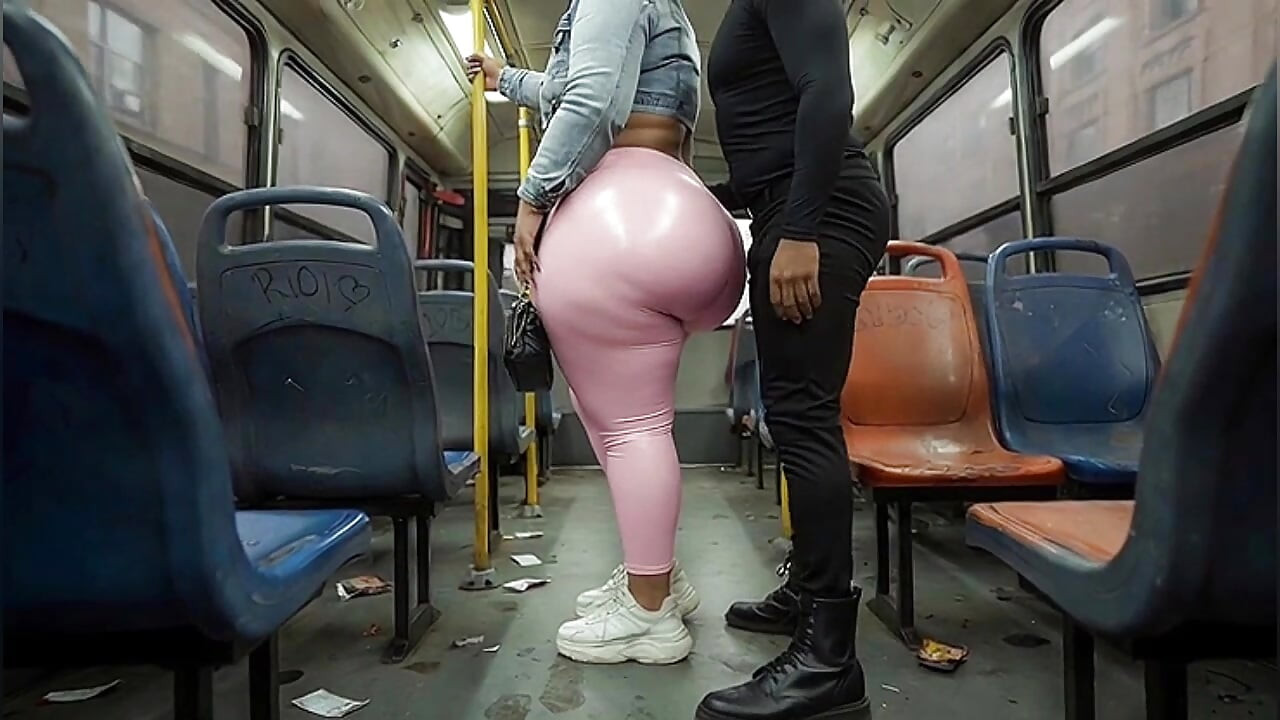 "Balaclava BBW Gets Ass  in Tight Shiny Pink Pants - Public Bus"