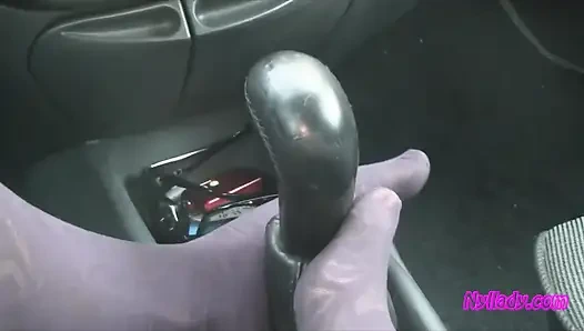 Nyllady's Footjob to Gearshift and Wheel in Patterned Pantyhose