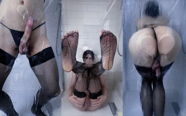 Solo sensual femboy showers in fishnets huge cumshot