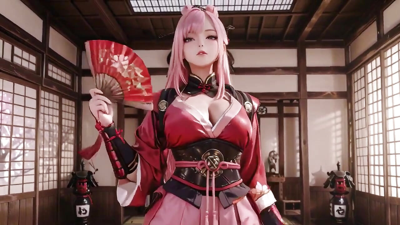 Kızıl samuray! Pembe saçlı savaşçı tatami'nin üzerinde diz çöküyor, yüksek yarıklı kimono karlı kalçalarını ortaya çıkarmak için kayıyor.