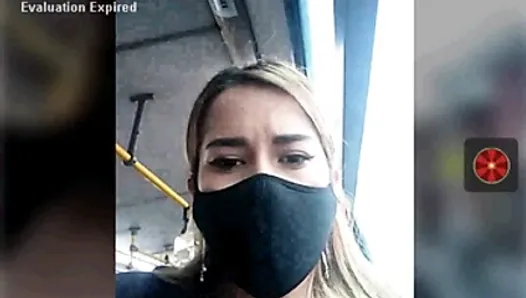 Girl on a bus shows her tits, risky