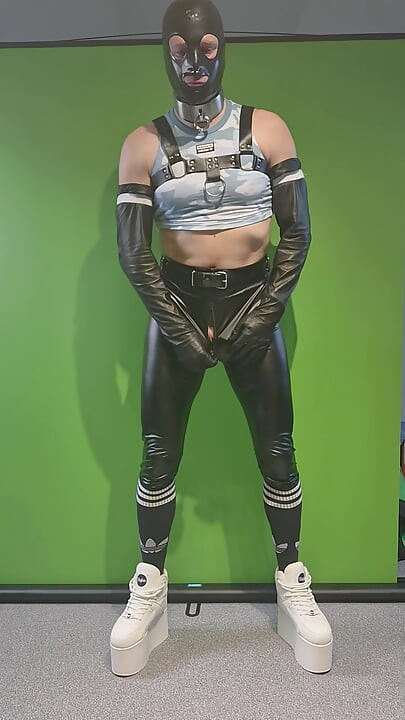 Rave outfit, Buffalo tower shoes, harness, leggings, latex gloves and mask. Inserting butt plug using precum