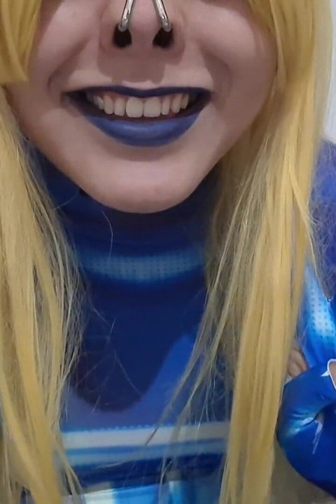 Cute Samus Femboy with BDSM Nosehook Giving a Sloppy Blowjob to BBC Dildo, Deepthroat, and Eating Semen