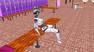 Un video porno animato di una bella ragazza robot che razzia il cazzo di un uomo in posizione cowgirl al contrario.