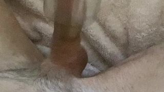 Stretching and bating young cock to orgasm