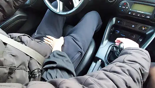 Elegant mature stepmom teases her stepson with her legs in the car, in public in the morning