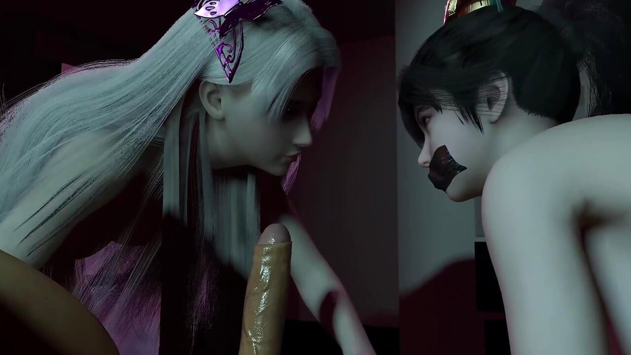 3D - duas tesudas puta cosplay modelo compartilhando um pau grande