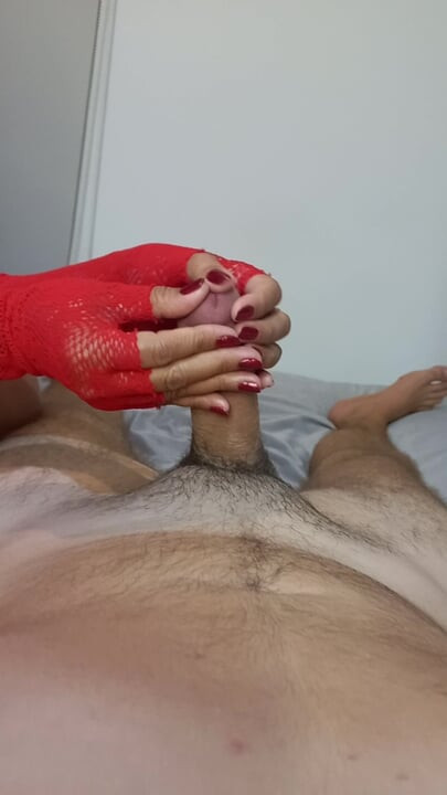 Hot Asian masseuse give sensual Handjob with Red Lace Fingerless Gloves & Red Nails  - Edging Stroking and Glans Massage POV